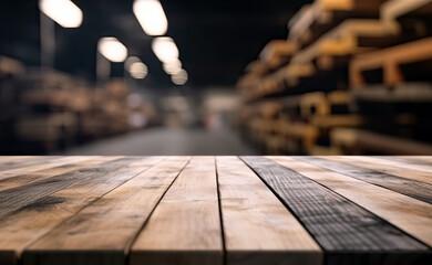 Empty wooden table and blurred warehouse background, product display montage. High quality photo