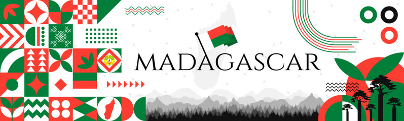 Wall Mural - The Madagascar Independence Day abstract banner design with flag and map. Flag color theme geometric pattern retro modern Illustration design. Red and Green color template.