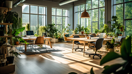 Green, ecofriendly and sustainable workspace of a modern company or office. Generative ai.