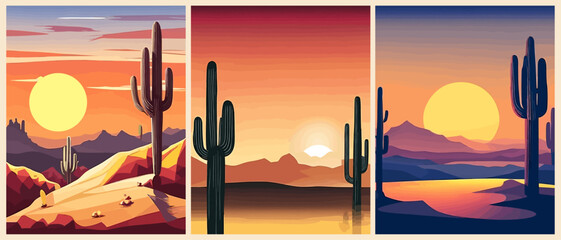 desert landscape. vector art illustration of sunset in western desert with cactuses and mountains si