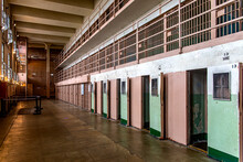 Block And Module Of Maximum Security And Punishment Cells Of The Federal Prison Of Alcatraz Located In The Middle Of The San Francisco Bay, In The State Of California, USA. Jail Concept.