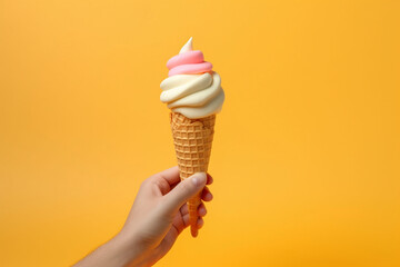 Putting ice cream to the cone, summer concept