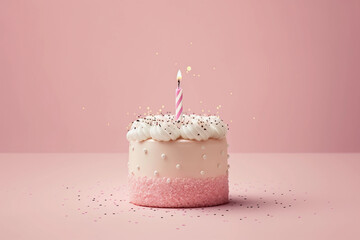 Wall Mural - Small pink birthday cake on pink background, generative AI