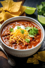 Wall Mural - Chili in a bowl topped with cheese, sour cream and cilantro, generative AI