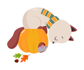 Sticker - Funny Autumn Grey Cat Sitting on Pumpkin with Mouse Vector Illustration