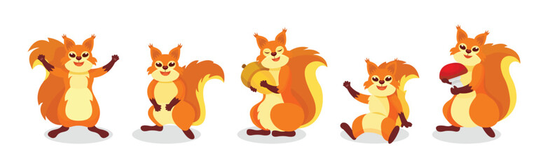 Wall Mural - cute red squirrel character with bushy tail engaged in different activity vector set