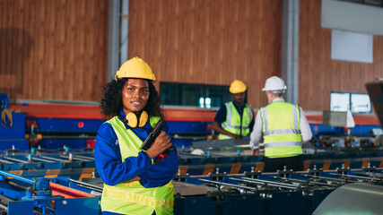 Sticker - Portrait of industrial worker inspecting and check up machine at factory machines. Technician working in metal sheet at industry. Foreman checking Material or Machine.