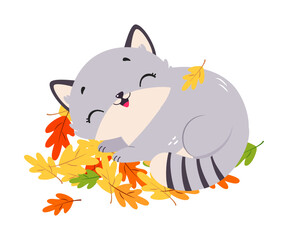 Sticker - Funny Autumn Grey Cat Cuddle in Foliage Vector Illustration