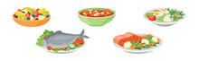 Fruit Salad, Soup, Fish And Vegetables As Tasty Meal Vector Set