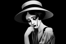 Sad Mime Female Pierrot With A Black Hat, Ai Generated, Generative AI