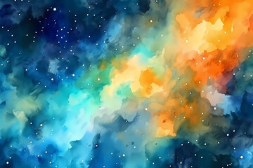 Wall Mural - Colorful blue and yellow red watercolor space background. View of universe with copy space. Nebula illustration.