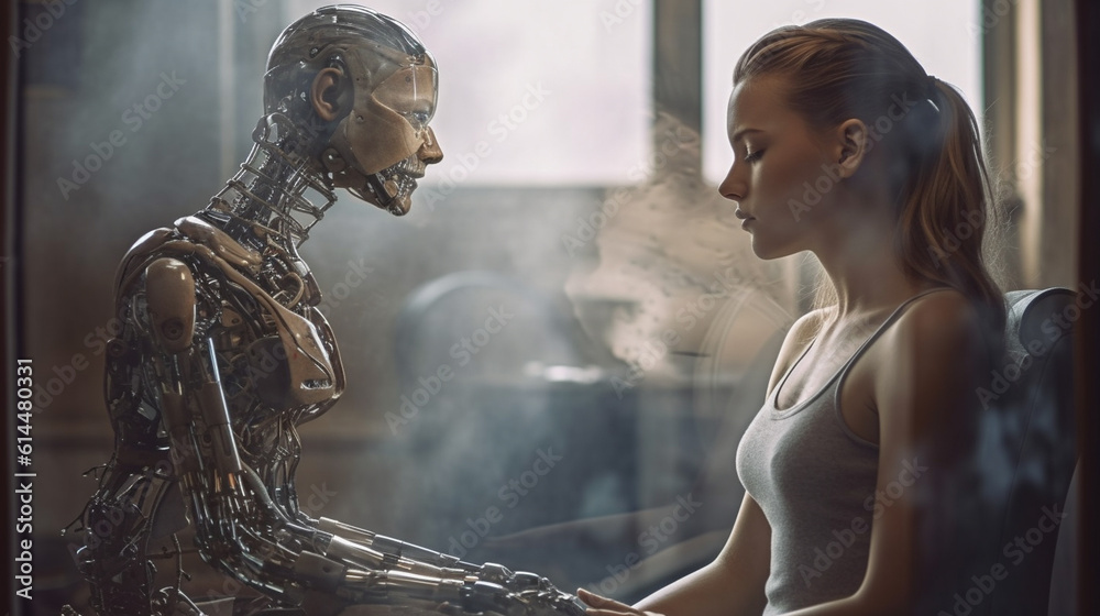 creating a new life, a robot in human form, awakening,a robot or a woman half a robot with upgrades, transhumanism cyborg and artificial intelligence,