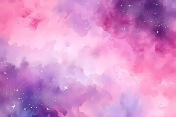 Wall Mural - Pink and purple watercolor space background. View of universe with copy space. Nebula illustration.