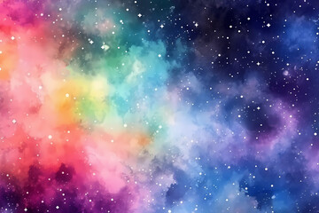 Wall Mural - Colorful purple and blue watercolor space background. View of universe with copy space. Nebula illustration.