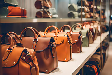 Women's handbags in boutiques. AI technology generated image