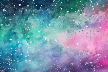 Colorful emerald green and pink watercolor space background. View of universe with copy space. Nebula illustration.