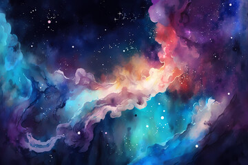 Wall Mural - Purple and pink watercolor galaxy background with stars. View of universe with copy space. Nebula illustration.