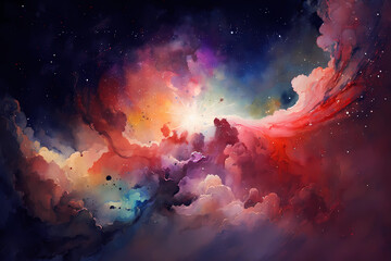 Wall Mural - Purple and pink watercolor galaxy background with stars. View of universe with copy space. Nebula illustration.