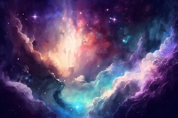 Wall Mural - Purple and blue watercolor galaxy background with stars. View of universe with copy space. Nebula illustration.