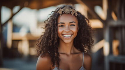 Wall Mural - young adult woman on the beach, on vacation, nature and beauty of nature, floral decoration on the head, headdress,, fictional place