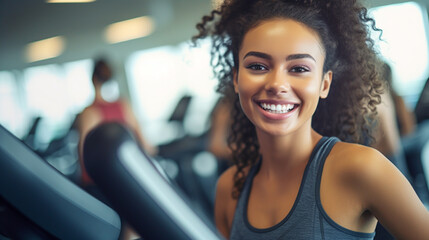 Wall Mural - young adult woman in gym, treadmill and exercising, fit, indoor, smiling happy and balanced, fictional location