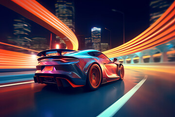 Sticker - A high-speed sports car driving at night. AI technology generated image