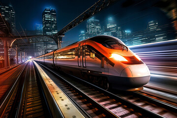 Sticker - High speed rail shuttles on urban railways at night.AI technology generated image