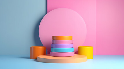 Wall Mural - Colorful pastel object podium platform product display and showcase 3d rendering. Generative Ai