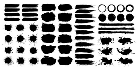 Mega bundle of different ink paint brush strokes, grungy lines, frames, watercolor textures and dirty artistic design elements. Freehand grunge ink splash, splatter or stain for social media template.