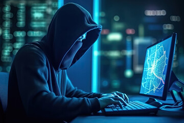Cyber attack with unrecognizable hooded hacker.