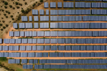 Wall Mural - solar panels plant, aerial view - rows of photovoltaic cell collectors on a landscape. green energy 