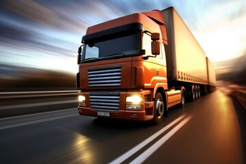 Wall Mural - A close - up photo of a modern lorry in motion on a empty highway. Generative AI