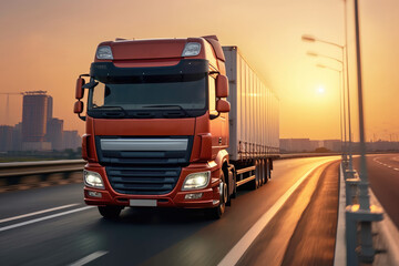 A close - up photo of a modern lorry in motion on a empty highway. Generative AI