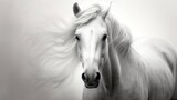 Fototapeta Konie - Majestic white horse, its flowing mane and powerful gaze.