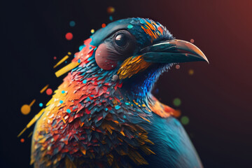 Wall Mural - Abstract animal little Bird portrait with multi colored colorful on wings and feathers paint, Vibrant bright gradients tone, with Generative AI.