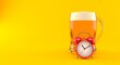 Glass of beer with alarm clock