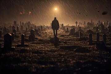 Wall Mural - A close - up photograph depicting a spooky Halloween scene in a dark, moonlit graveyard. Generative AI