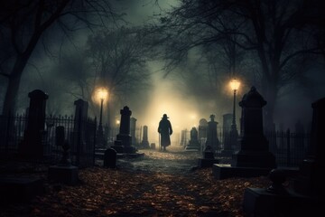 Wall Mural - A close - up photograph depicting a spooky Halloween scene in a dark, moonlit graveyard. Generative AI