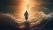 jesus walks on water towards the setting sun