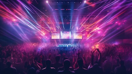 Poster - Dj in a nightclub scene with lights and lasers, DJ performing in Live concert or stage in night.