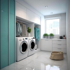 Modern clean laundry room with washing machine and dryer with shelves.