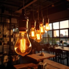 Aufkleber - Group of vintage bulbs lights with Loft style lamp in coffee shop, Retro lighting,  Light interior decoration concept