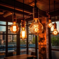 Aufkleber - Light bulb in coffee shop background, Classic large warm globe industrial incandescent light bulb decorated.