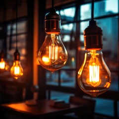Aufkleber - Group of vintage bulbs lights with Loft style lamp in coffee shop, Retro lighting,  Light interior decoration concept