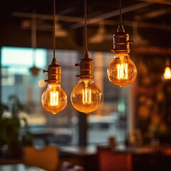 Aufkleber - Light bulb in coffee shop background, Classic large warm globe industrial incandescent light bulb decorated.