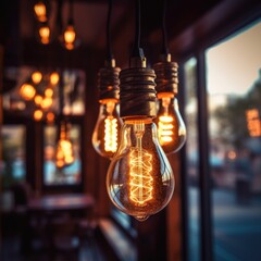Aufkleber - Light bulb in coffee shop background, Classic large warm globe industrial incandescent light bulb decorated.