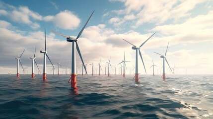 Floating wind turbines installed in sea, Alternative energy source, Concept of renewal energy source.