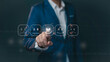 © NiK0StudeO - Businessman pressing smiley face emoticon on virtual touch screen. Customer service evaluation concept.review survey quality rating feedback, user satisfaction