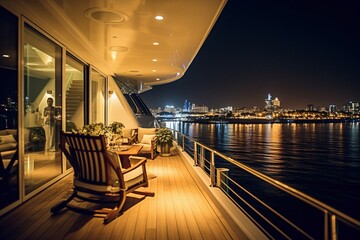 Wall Mural - Comfortable Living Room Interior on a Boat Overlooking the Ocean