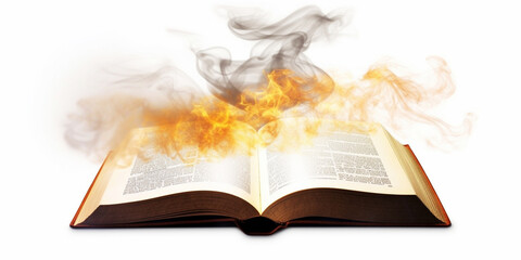 Wall Mural - An open book with bookmark flying out of it  Burning with fire and smoke.  Holy Bible. Generative AI.